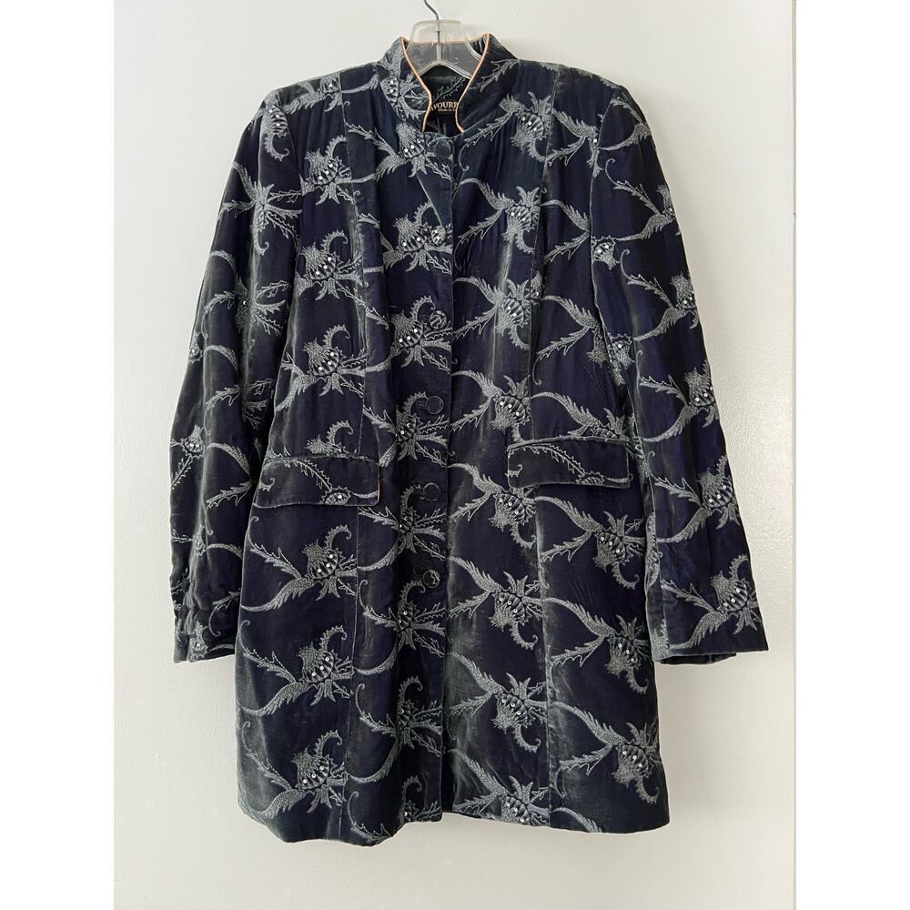 Favourbrook Dark Green Teal Velvet Sequin Floral Jacket Sz 10